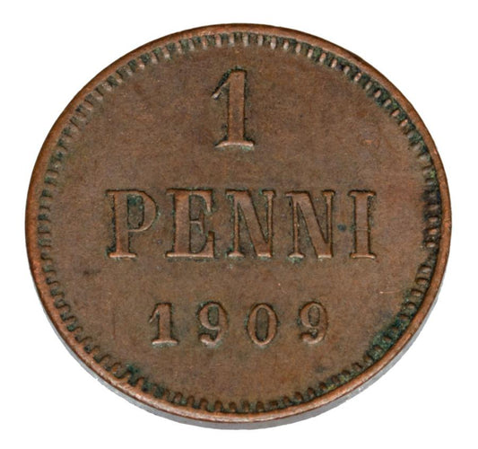 Pièce de 1 penny de 1909, Nicolas II, Finlande, occupation russe, Helsinki