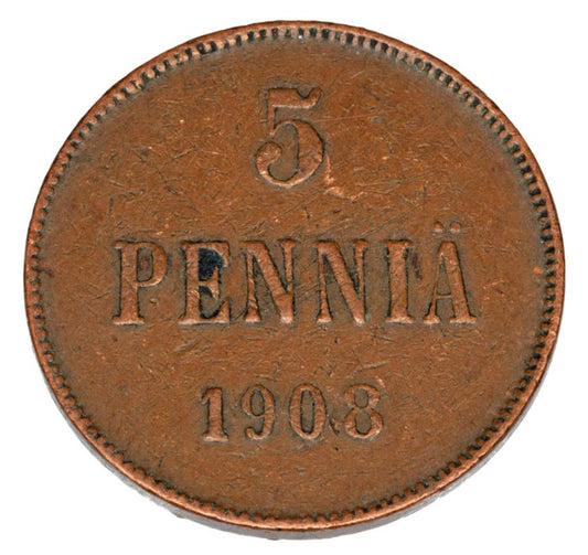 Pièce de 5 pence 1908 Nicolas II Finlande russe Helsinki