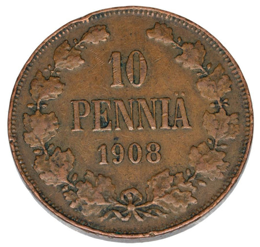 Pièce de 10 pence de 1908, Nicolas II, Finlande russe, Helsinki