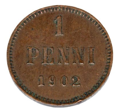 Pièce de 1 penny de 1902, Nicolas II, Finlande, occupation russe, Helsinki