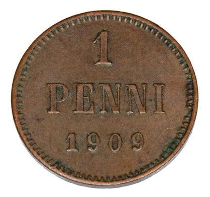 Pièce de 1 penny de 1909, Nicolas II, Finlande, occupation russe, Helsinki