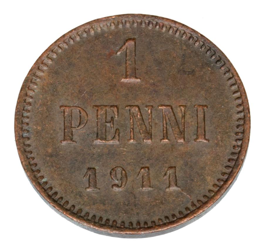 Pièce de 1 penny de 1911, Nicolas II, Finlande, occupation russe, Helsinki