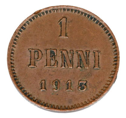 Pièce de 1 penny, 1913, Nicolas II, Finlande, occupation russe, Helsinki