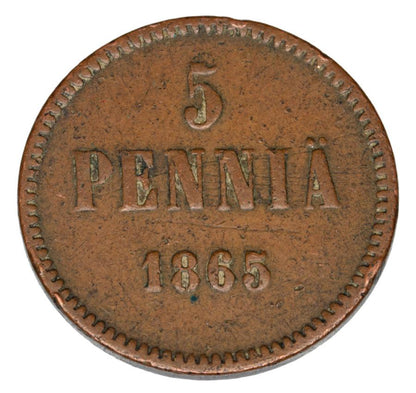 Pièce de 5 pence 1865 Alexandre II Finlande russe Helsinki