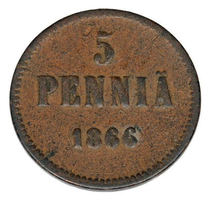 Pièce de 5 pence 1866 Alexandre II Finlande russe Helsinki