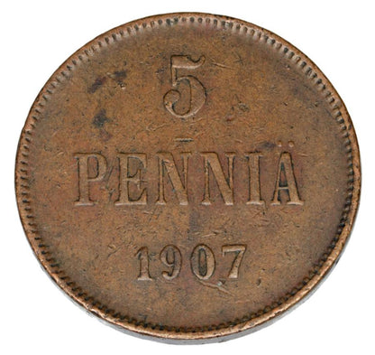 Pièce de 5 pence 1907 Nicolas II Finlande russe Helsinki