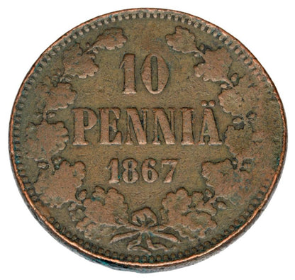 Pièce de 10 pence de 1867, Alexandre II, Finlande russe, Helsinki